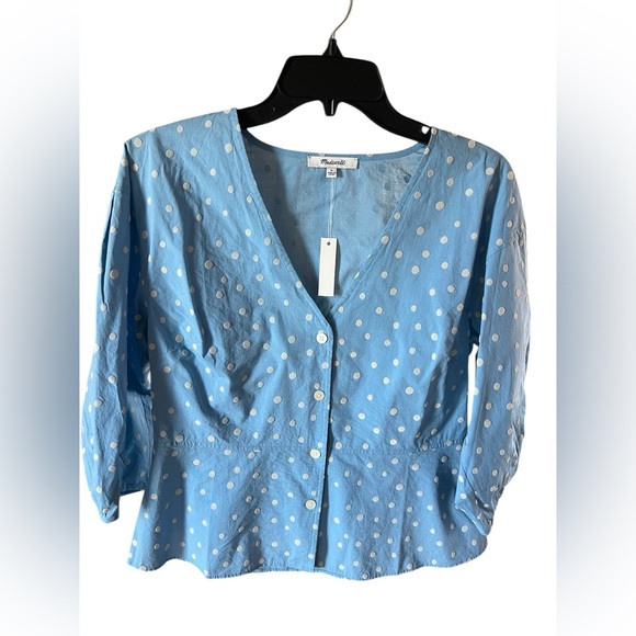 Madewell Blue Polka Dot Button Front Top Peplum Cotton Size 6 NWT Coquette - Picture 2 of 7